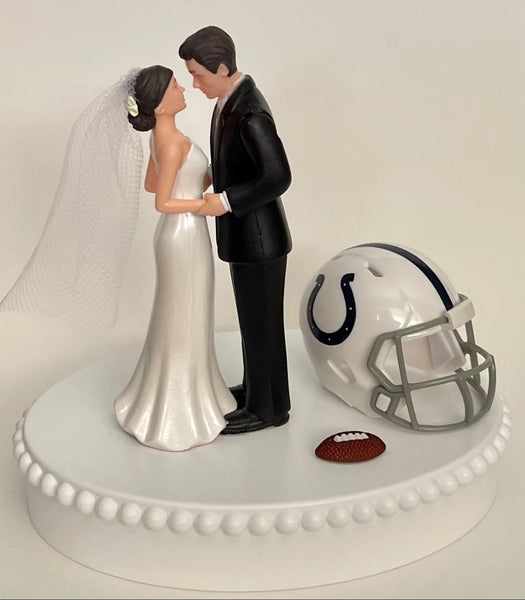 Wedding Cake Topper Indianapolis Colts Football Themed Beautiful Short-Haired Bride and Groom One-of-a-Kind Sports Fan Cake Top Shower Gift