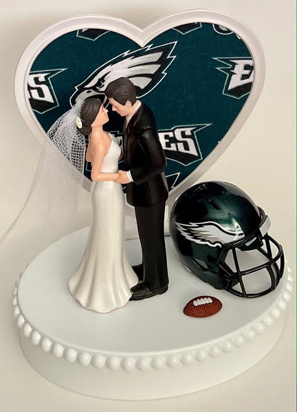 Wedding Cake Topper Philadelphia Eagles Football Themed Beautiful Short-Haired Bride and Groom One-of-a-Kind Sports Fan Cake Top Shower Gift