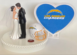 Wedding Cake Topper Los Angeles Chargers Football Themed Beautiful Short-Haired Bride and Groom Unique Sports Fans Cake Top Shower Gift