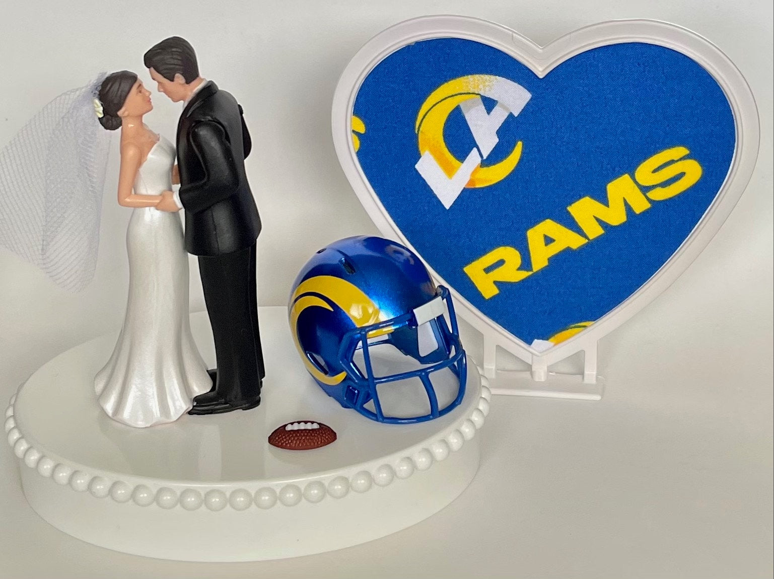 Wedding Cake Topper Los Angeles Rams Football Themed Beautiful Short-Haired Bride and Groom One-of-a-Kind Sports Fan Cake Top Shower Gift