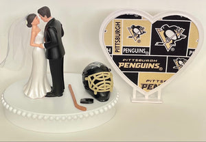 Wedding Cake Topper Pittsburgh Penguins Hockey Themed Pretty Short-Haired Bride and Groom Unique Sports Fans Groom's Cake Top Reception Gift