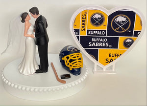 Wedding Cake Topper Buffalo Sabres Hockey Themed Pretty Short-Haired Bride and Groom Unique Sports Fans Groom's Cake Top Reception Gift