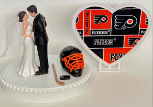Wedding Cake Topper Philadelphia Flyers Hockey Themed Short-Haired Bride Groom Beautiful Wedding Reception Shower Gift Item Sports Fan Fun