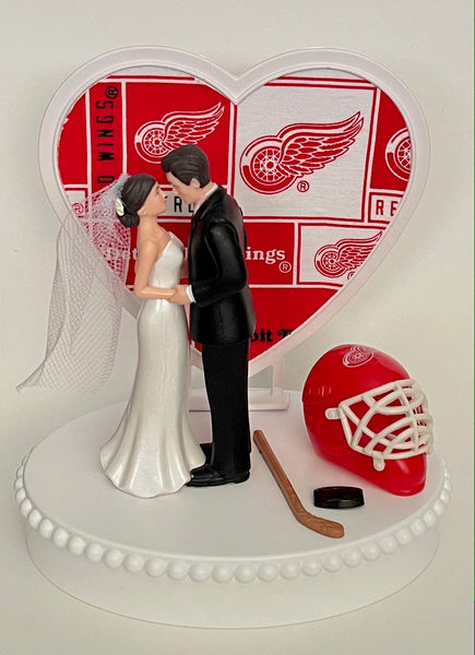 Wedding Cake Topper Detroit Red Wings Hockey Themed Short-Haired Bride and Groom Beautiful Wedding Reception Shower Gift Item Sports Fan Fun