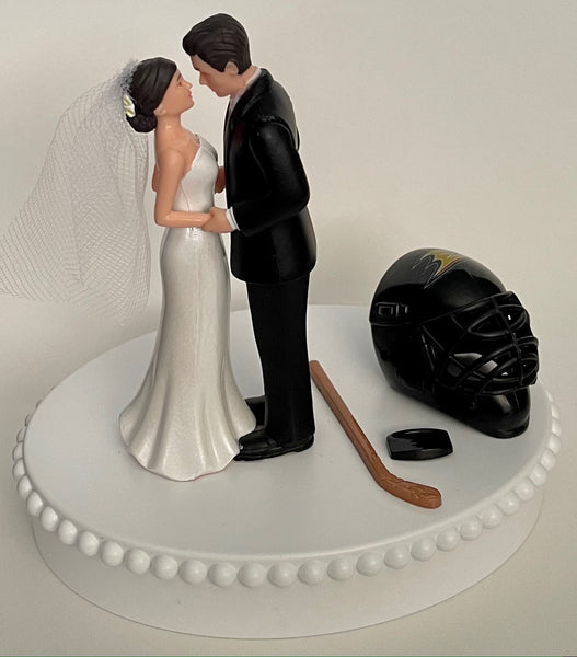 Wedding Cake Topper Anaheim Ducks Hockey Themed Short-Haired Bride and Groom Beautiful Wedding Reception Shower Gift Item Sports Fan Fun