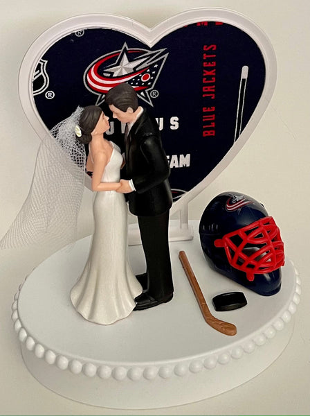 Wedding Cake Topper Columbus Blue Jackets Hockey Themed Short-Haired Bride Groom Beautiful Wedding Reception Shower Gift Item Sports Fan Fun