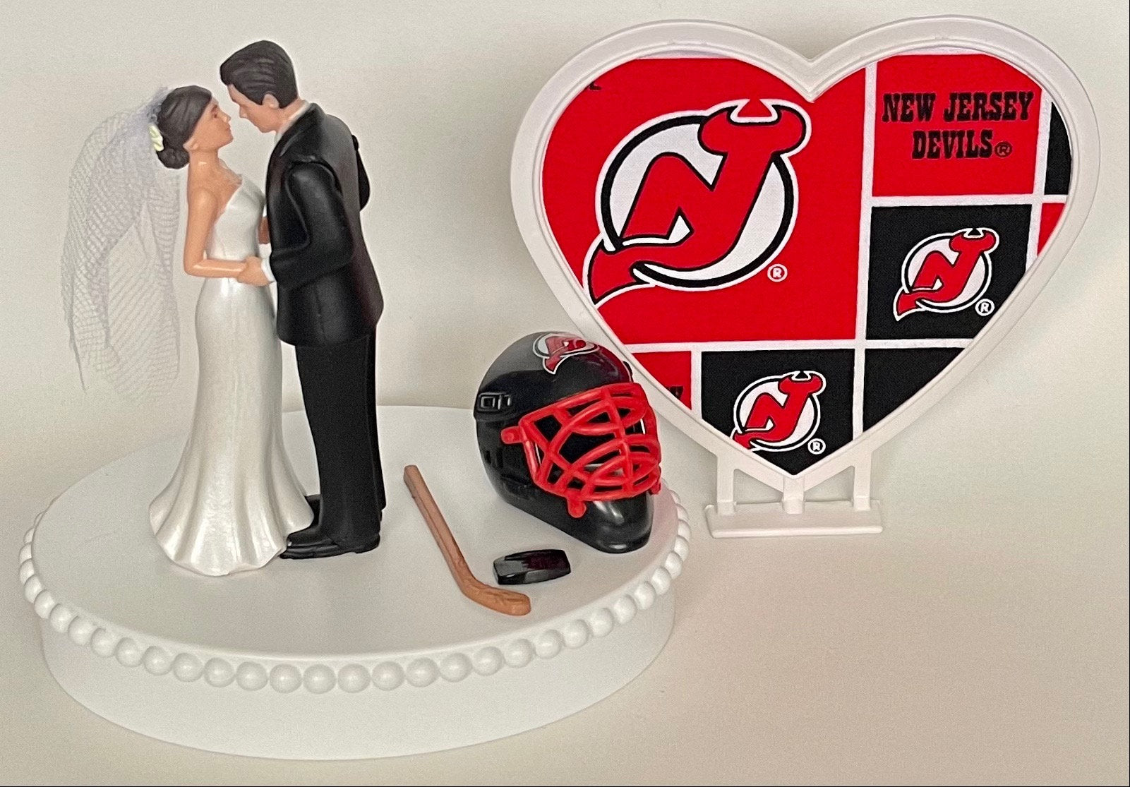 Wedding Cake Topper New Jersey Devils Hockey Themed Short-Haired Bride and Groom Beautiful Wedding Reception Shower Gift Item Sports Fan Fun