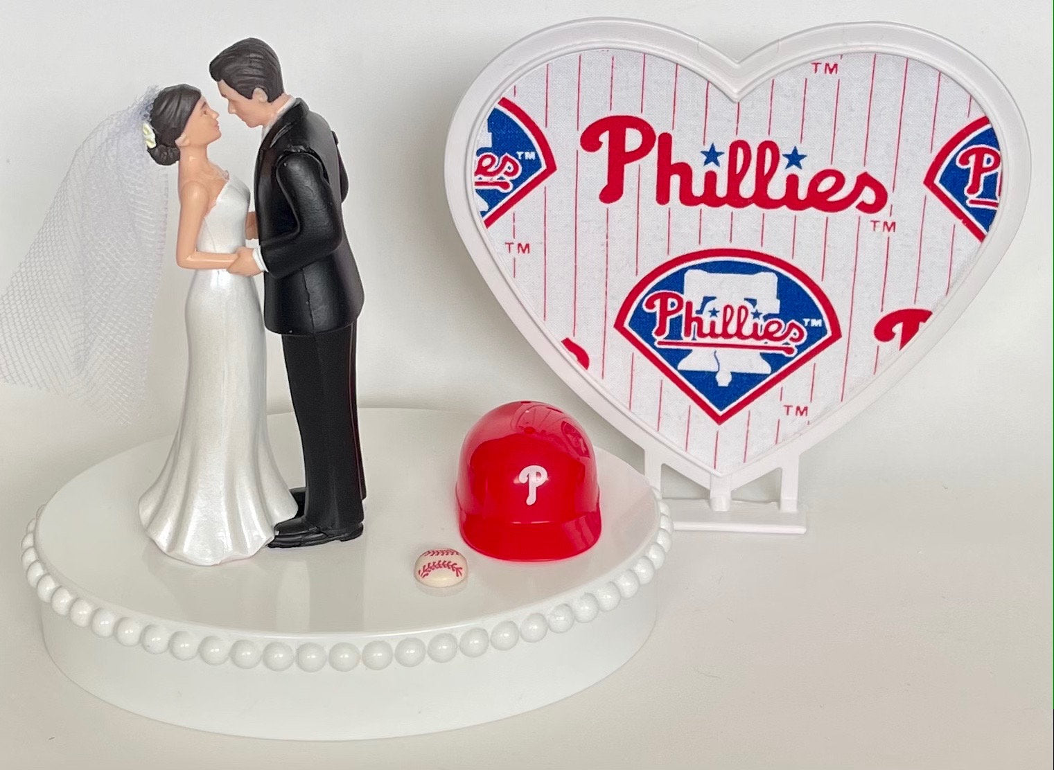 Wedding Cake Topper Philadelphia Phillies Baseball Themed Short-Haired Bride Groom Pretty Heart Sports Fans Fun Unique Shower Reception Gift
