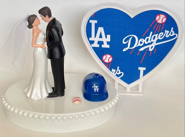 Wedding Cake Topper Los Angeles Dodgers Baseball Themed Short-Haired Bride Groom Pretty Heart Sports Fans Fun Unique Shower Reception Gift