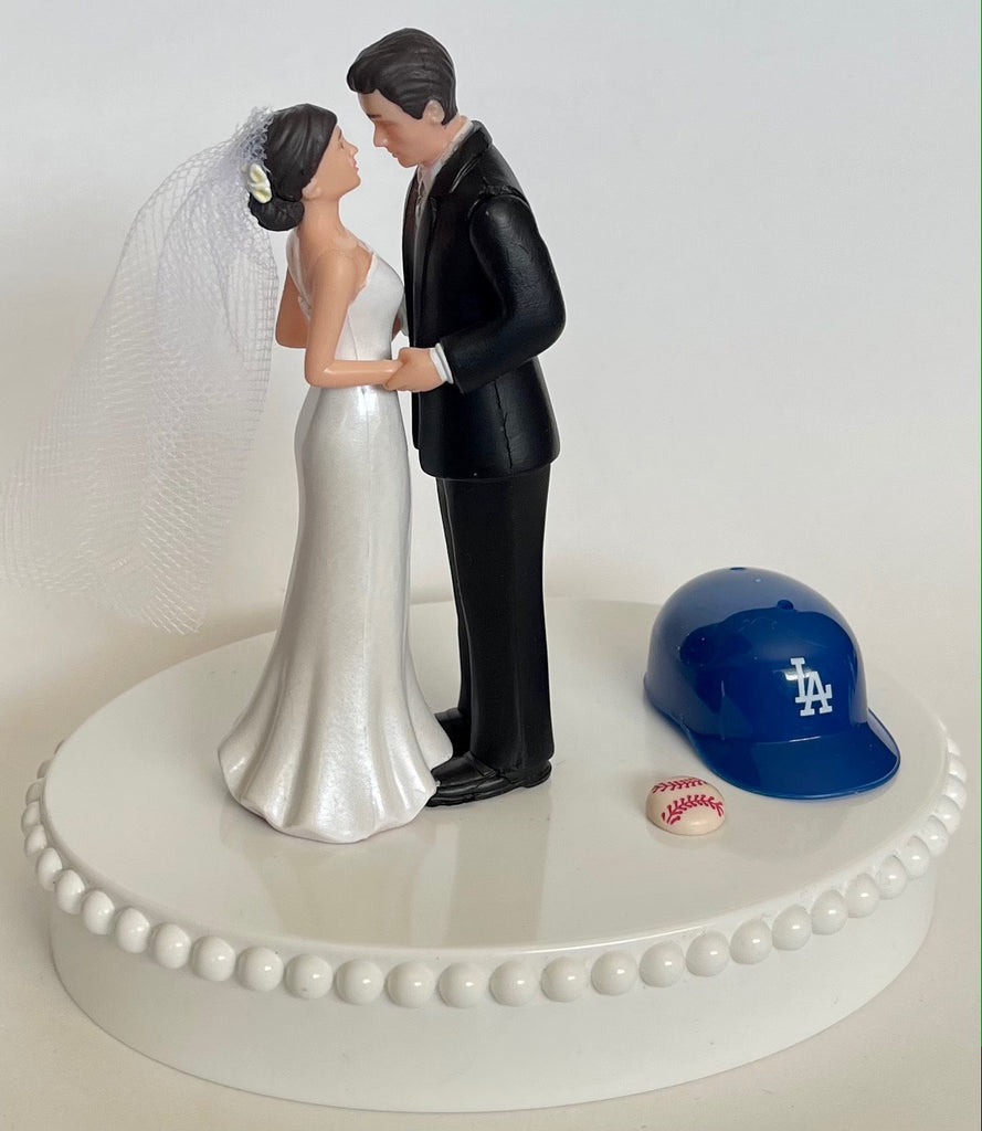 LA dodger theme wedding cake with baseball toppers