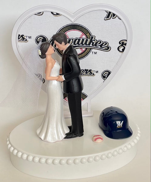 Wedding Cake Topper Milwaukee Brewers Baseball Themed Short-Haired Bride Groom Pretty Heart Sports Fans Fun Unique Shower Reception Gift