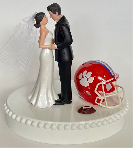 Wedding Cake Topper Clemson Tigers Football Themed Beautiful Short-Haired Bride and Groom One-of-a-Kind Sports Fan Cake Top Shower Gift