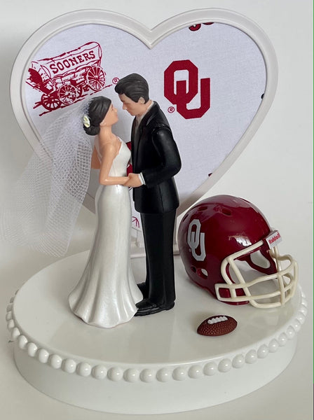 Wedding Cake Topper Oklahoma Sooners Football Themed Beautiful Short-Haired Bride and Groom One-of-a-Kind Sports Fan Cake Top Shower Gift