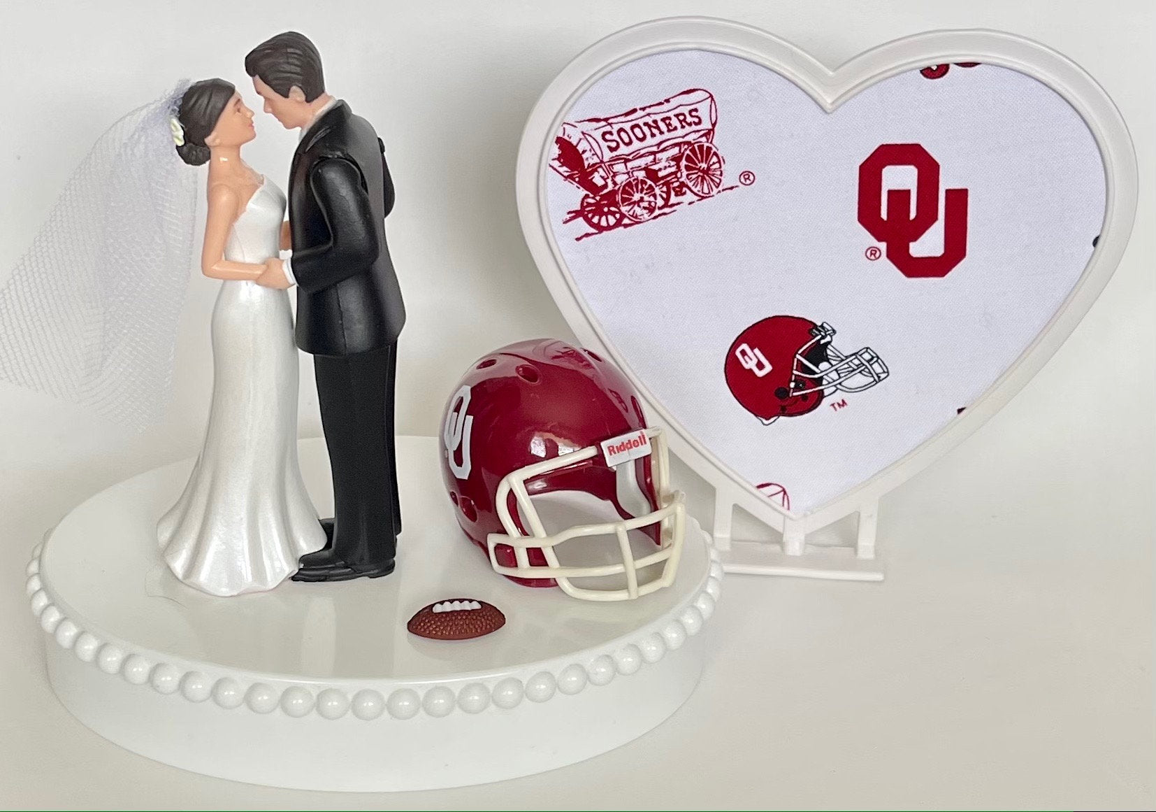 Wedding Cake Topper Oklahoma Sooners Football Themed Beautiful Short-Haired Bride and Groom One-of-a-Kind Sports Fan Cake Top Shower Gift