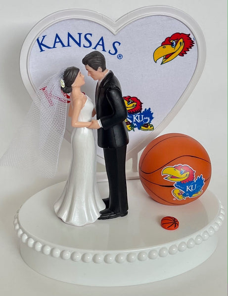 Wedding Cake Topper Kansas Jayhawks Basketball Themed Short-Haired Bride and Groom Beautiful KU Hoops Heart Sports Fans Fun Unique Gift
