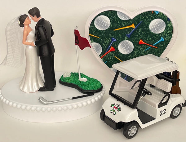 Wedding Cake Topper Golf Cart Themed 18th Hole Golfing Sports Fans Cute Short-Haired Bride Groom One-of-a-Kind Bridal Shower Reception Gift