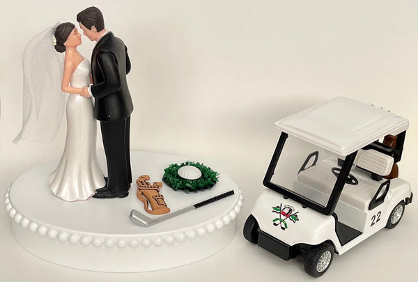 Wedding Cake Topper Golfing Themed Sports Fans Golf Clubs Cart Turf Cute Short-Haired Bride Groom One-of-a-Kind Bridal Shower Reception Gift