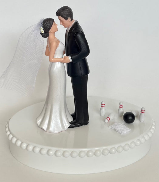 Wedding Cake Topper Bowling Themed Sports Fans Ball Pins Towel Pretty Short-Haired Bride Groom One-of-a-Kind Bridal Shower Reception Gift