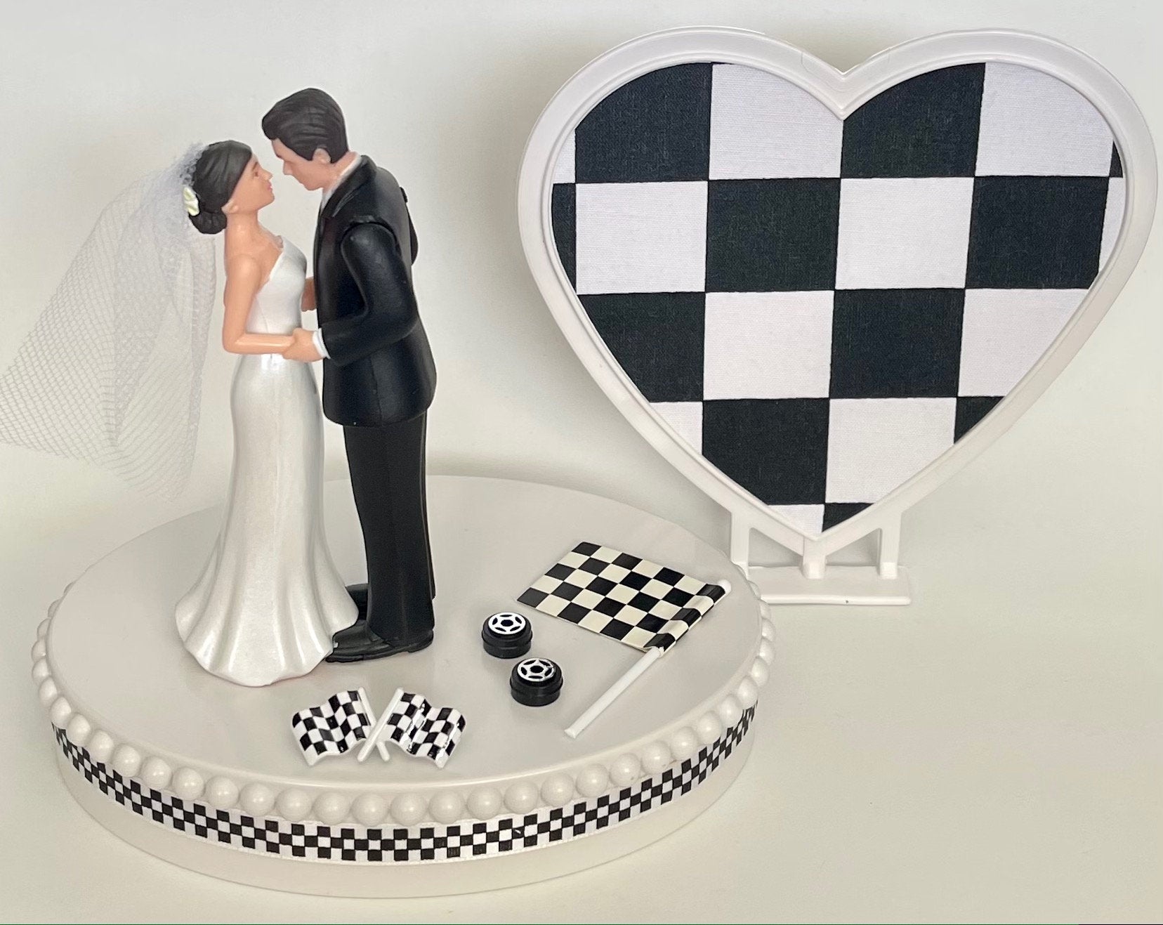 Wedding Cake Topper Checkered Flag Themed Auto Car Motorcycle Racing Sports Fan Pretty Short-Haired Bride Groom Bridal Shower Reception Gift