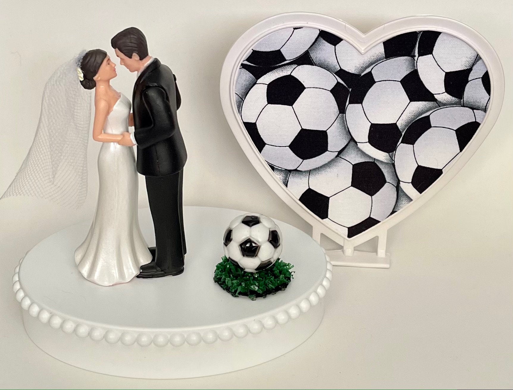 Wedding Cake Topper Soccer Themed Sports Fans Ball Turf Pretty Short-Haired Bride and Groom One-of-a-Kind Bridal Shower Reception Gift Idea