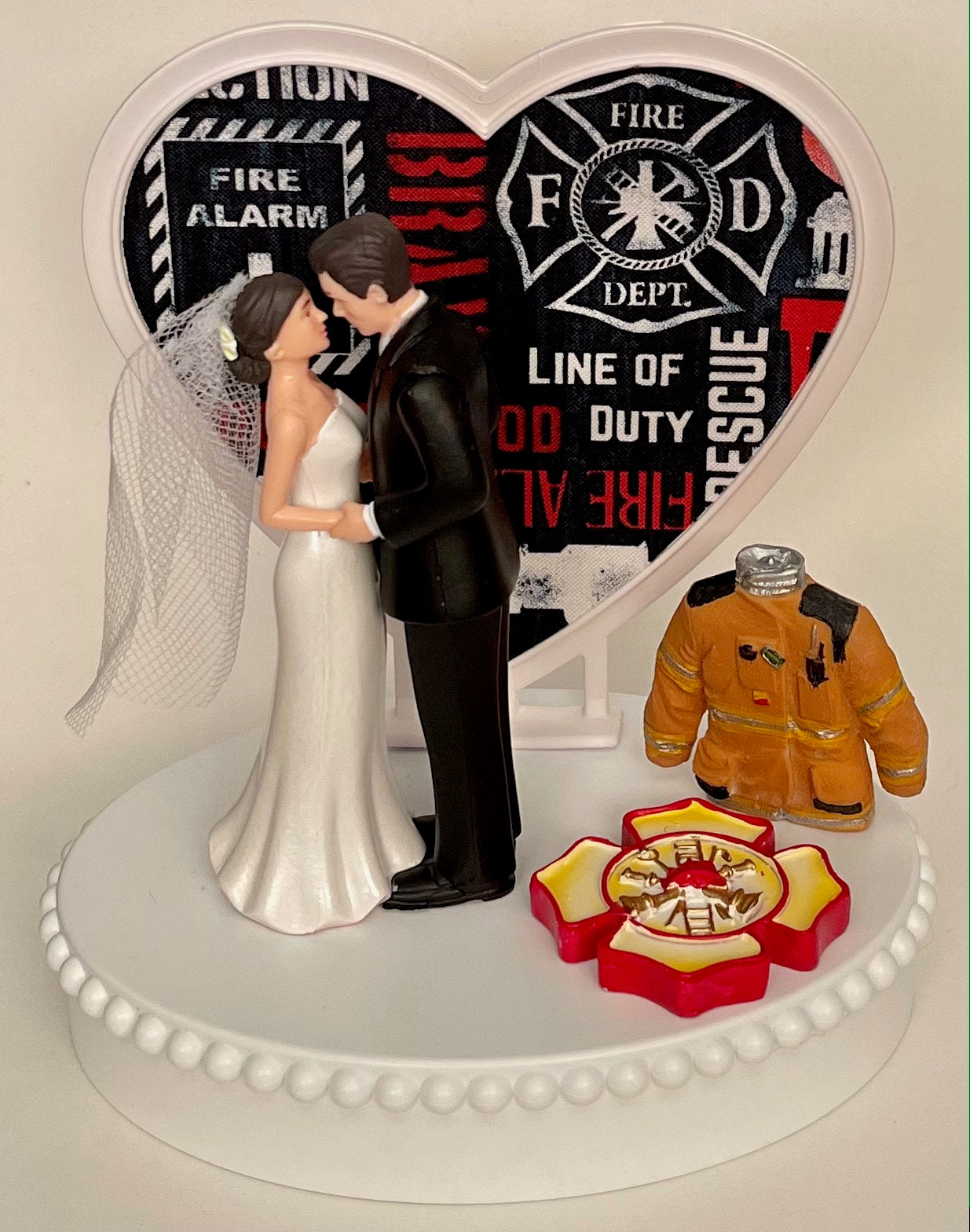 Wedding Cake Topper Fireman Maltese Cross Themed Firefighter Uniform Cute Short-Haired Bride Groom OOAK Bridal Shower Reception Gift Idea