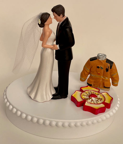 Wedding Cake Topper Fireman Maltese Cross Themed Firefighter Uniform Cute Short-Haired Bride Groom OOAK Bridal Shower Reception Gift Idea