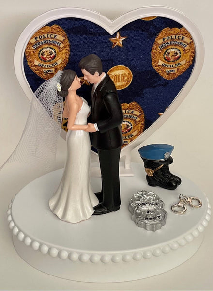 Wedding Cake Topper Police Officer Themed Policeman Handcuffs Badge Boot Pretty Short-Haired Bride Groom OOAK Bridal Shower Reception Gift