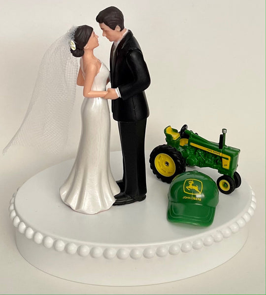 Wedding Cake Topper John Deere Tractor Themed Farming Farmer Green Cap Pretty Short-Haired Bride Groom OOAK Reception Bridal Shower Gift