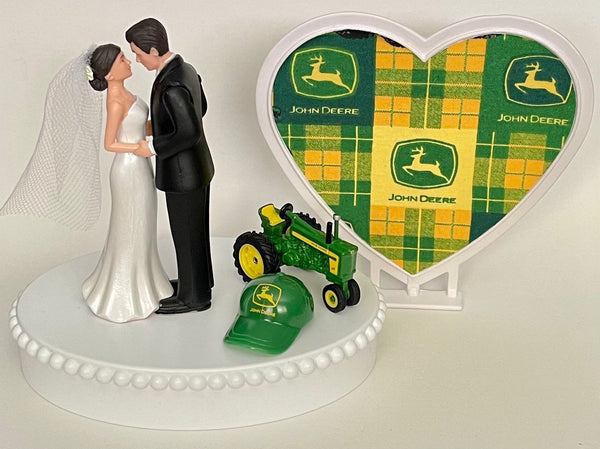 Wedding Cake Topper John Deere Tractor Themed Farming Farmer Green Cap Pretty Short-Haired Bride Groom OOAK Reception Bridal Shower Gift