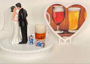 Wedding Cake Topper PBR Pabst Blue Ribbon Beer Themed Pretty Short-Haired Bride and Groom OOAK Bridal Shower Reception Groom's Cake Gift