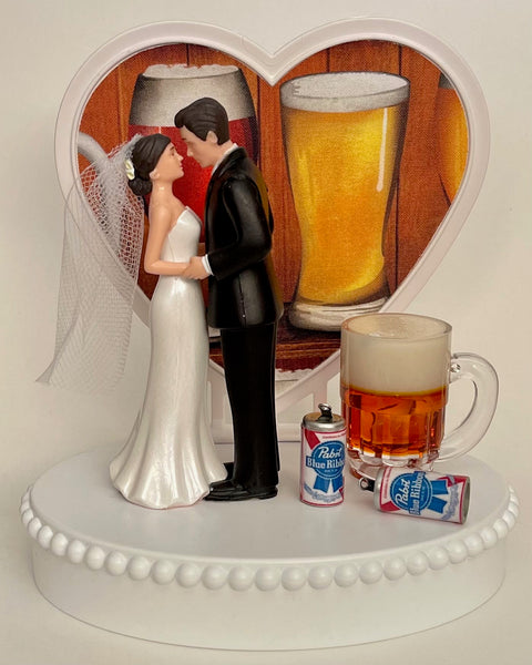 Wedding Cake Topper PBR Pabst Blue Ribbon Beer Themed Pretty Short-Haired Bride and Groom OOAK Bridal Shower Reception Groom's Cake Gift