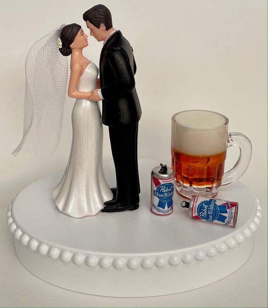 Wedding Cake Topper PBR Pabst Blue Ribbon Beer Themed Pretty Short-Haired Bride and Groom OOAK Bridal Shower Reception Groom's Cake Gift