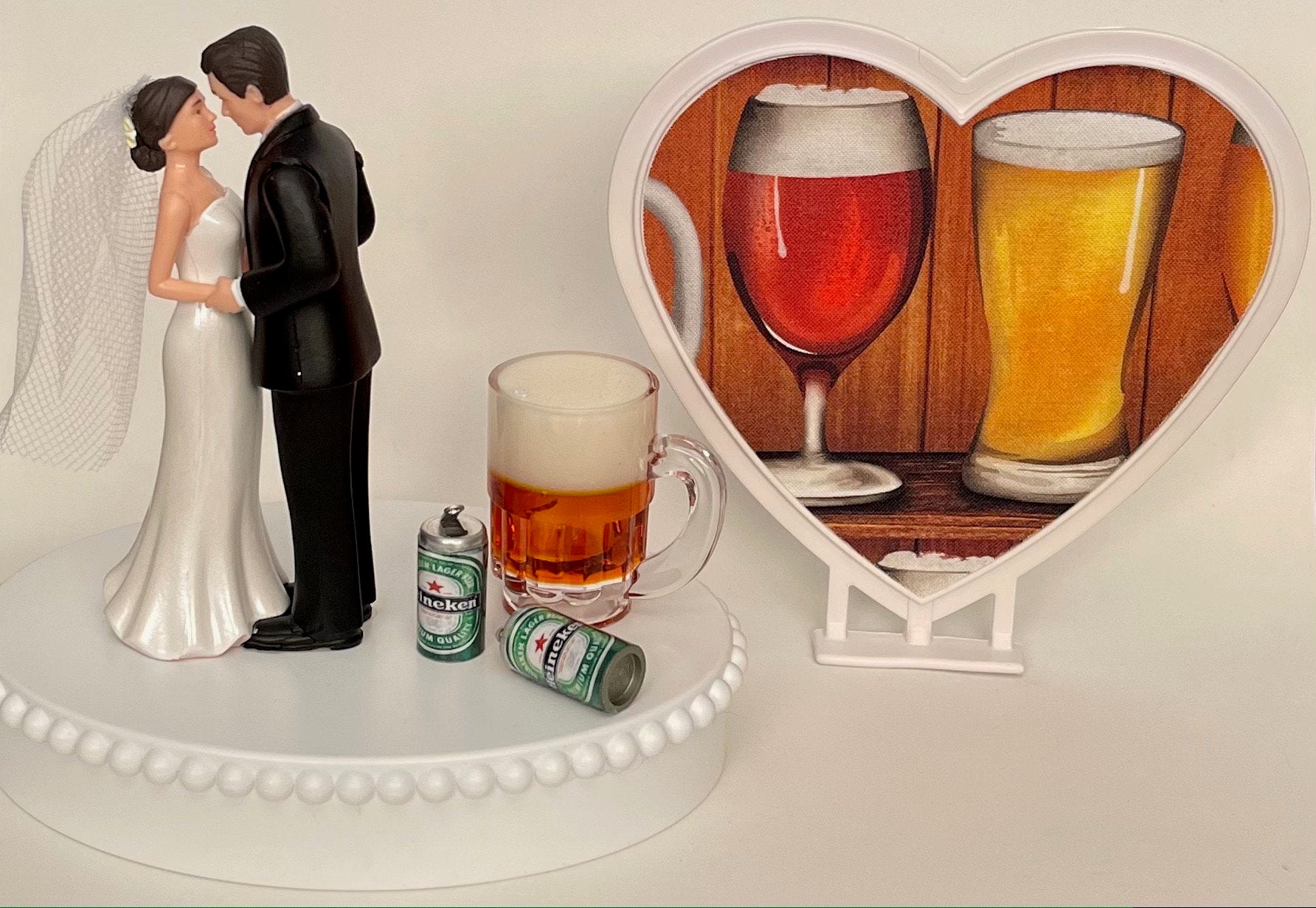 Wedding Cake Topper Heineken Beer Themed Mug Cans Drinker Pretty Short-Haired Bride and Groom OOAK Bridal Shower Reception Groom's Cake Gift