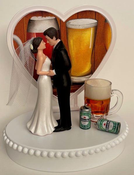 Wedding Cake Topper Heineken Beer Themed Mug Cans Drinker Pretty Short-Haired Bride and Groom OOAK Bridal Shower Reception Groom's Cake Gift