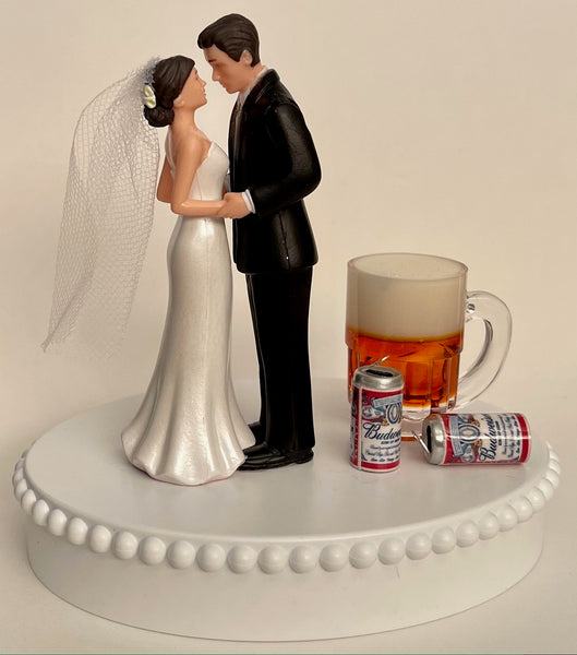 Wedding Cake Topper Budweiser Beer Themed Mug Cans Drink Bud Pretty Short-Haired Bride Groom OOAK Bridal Shower Reception Groom's Cake Gift