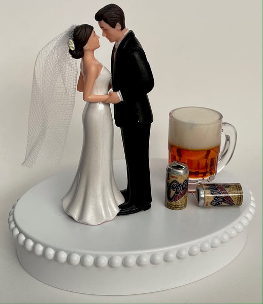 Wedding Cake Topper Coors Beer Themed Mug Cans Drink Pretty Short-Haired Bride Groom Unique Bridal Shower Reception Fun Groom's Cake Gift