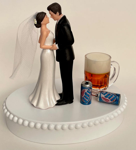 Wedding Cake Topper Miller Lite Beer Themed Mug Cans Drink Cute Short-Haired Bride Groom OOAK Bridal Shower Reception Fun Groom's Cake Gift