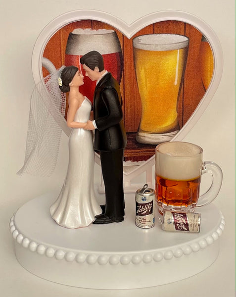 Wedding Cake Topper Schlitz Beer Themed Mug Cans Drink Pretty Short-Haired Bride Groom OOAK Bridal Shower Reception Fun Groom's Cake Gift