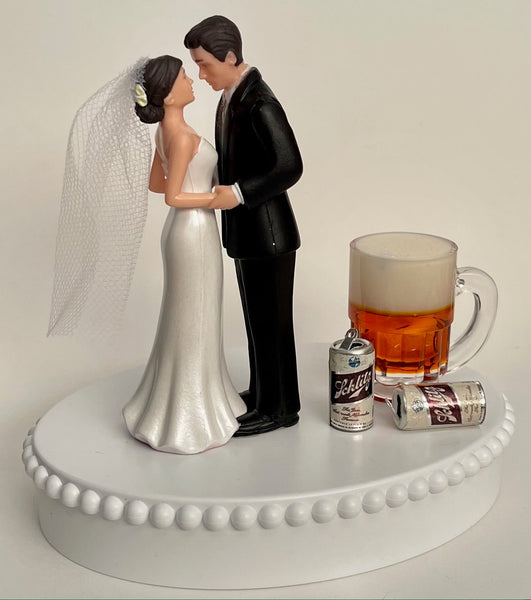 Wedding Cake Topper Schlitz Beer Themed Mug Cans Drink Pretty Short-Haired Bride Groom OOAK Bridal Shower Reception Fun Groom's Cake Gift