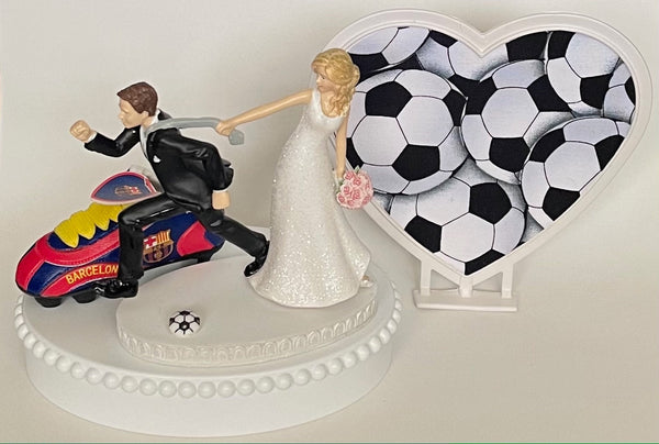 Wedding Cake Topper FC Barcelona Soccer Spanish Football Themed Barca Spain Pulling Bride Groom Unique Humorous Sports Fan Groom's Cake Top