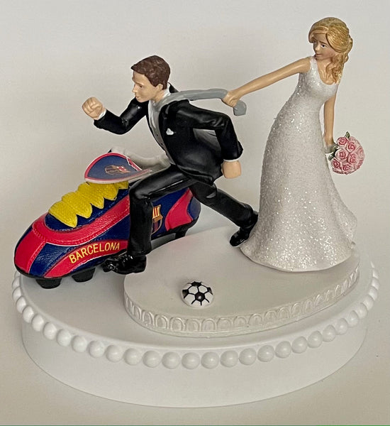 Wedding Cake Topper FC Barcelona Soccer Spanish Football Themed Barca Spain Pulling Bride Groom Unique Humorous Sports Fan Groom's Cake Top