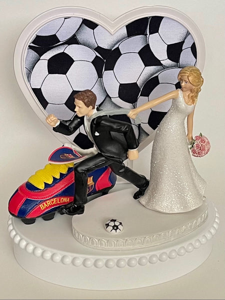 Wedding Cake Topper FC Barcelona Soccer Spanish Football Themed Barca Spain Pulling Bride Groom Unique Humorous Sports Fan Groom's Cake Top