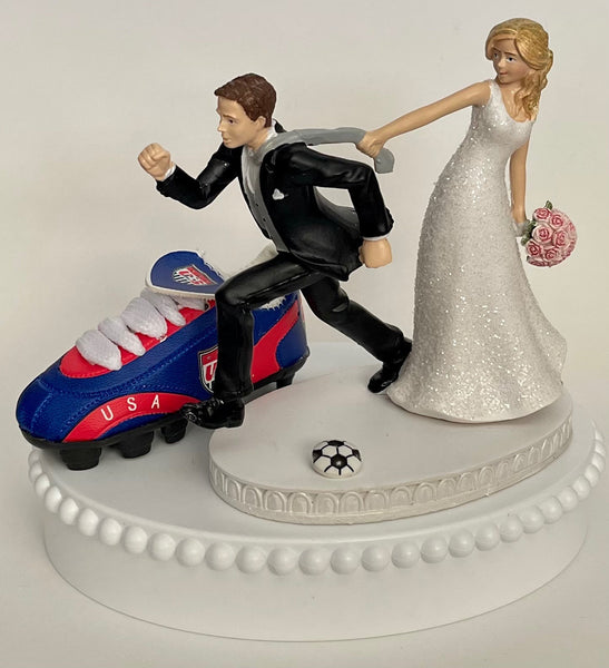 Wedding Cake Topper USA Soccer Themed United States Running Humorous Bride and Groom One-of-a-Kind Funny Sports Fans Groom's Cake Top