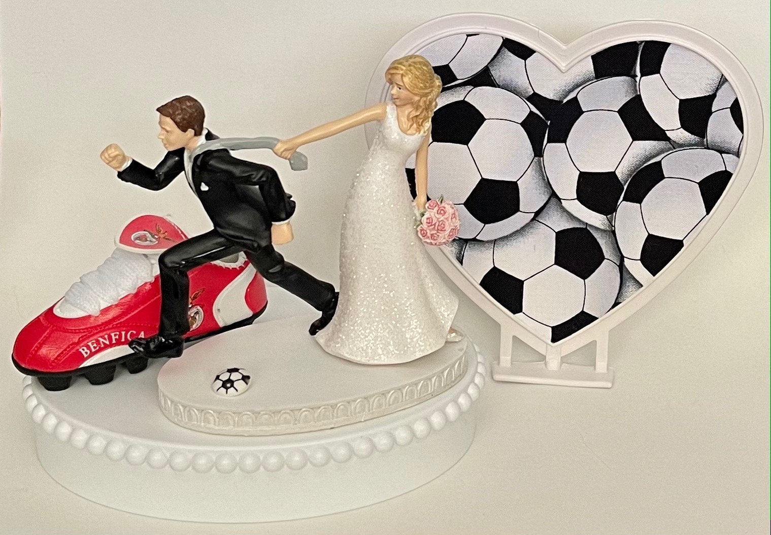 Wedding Cake Topper SL Benfica Soccer Portugal Football Themed Running Humorous Bride and Groom OOAK Funny Sports Fans Groom's Cake Top