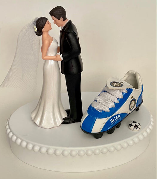 Wedding Cake Topper Inter Milan Soccer Themed Italian Football Italy Pretty Short-Haired Bride and Groom Sports Fan Groom's Cake Top