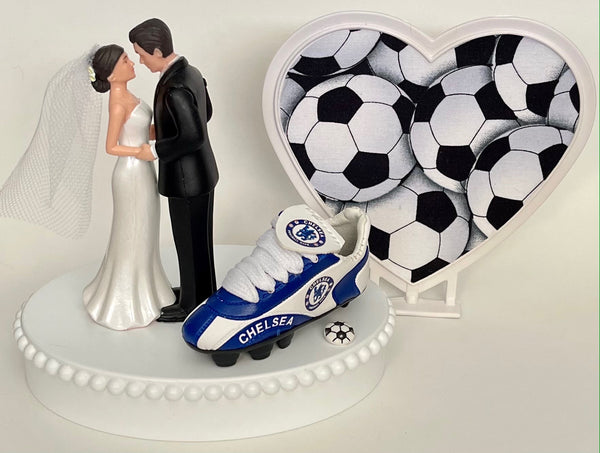 Wedding Cake Topper Chelsea FC Soccer Themed English Football England Pretty Short-Haired Bride and Groom Sports Fan Groom's Cake Top