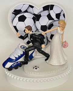 Wedding Cake Topper Chelsea FC Soccer English Football Themed England Running Humorous Bride Groom OOAK Funny Sports Fans Groom's Cake Top