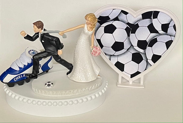 Wedding Cake Topper Chelsea FC Soccer English Football Themed England Running Humorous Bride Groom OOAK Funny Sports Fans Groom's Cake Top