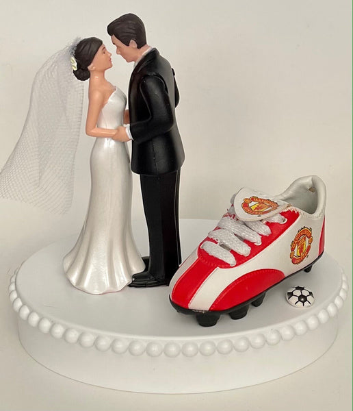 Wedding Cake Topper Manchester United FC Soccer Themed English Football Man U England Cute Short-Haired Bride Groom Sports Groom's Cake Top