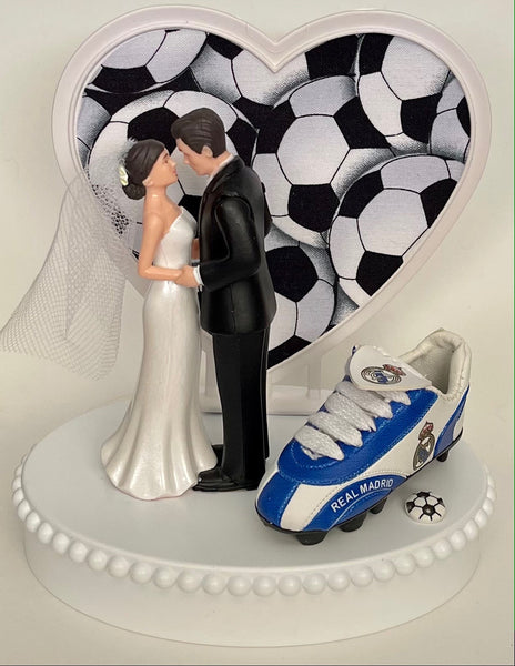 Wedding Cake Topper Real Madrid CF Soccer Themed Spanish Football Spain Pretty Short-Haired Bride and Groom Sports Fan Groom's Cake Top